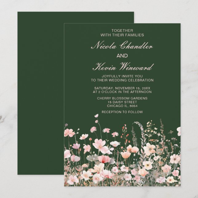 Invitación Boda floral rosa Rubor de primavera de flores silv (Anverso / Reverso)