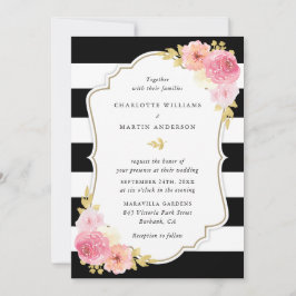 Invitación Boda floral rosa Rubor de rayas negras y blancas