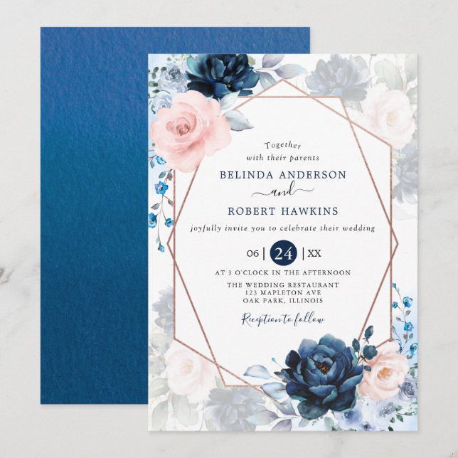 Invitación Boda floral rosa Rubor Dusty and Navy Rubor (Anverso / Reverso)