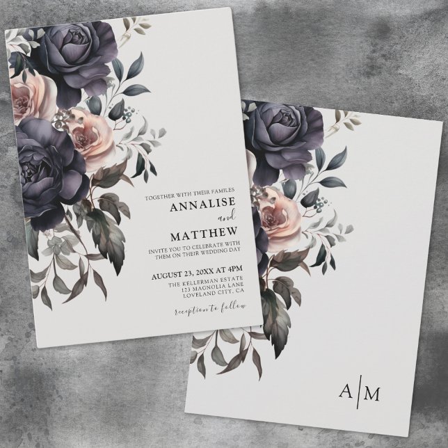Invitación Boda floral rosa Rubor negro (Dark Gothic Fall Floral Wedding Invitation)