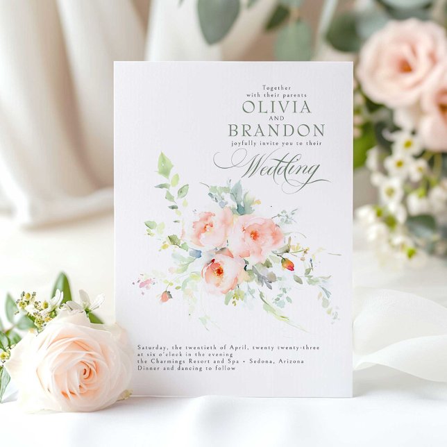 Invitación Boda floral rosa Rubor romántico y caprichoso (Pink Floral Wedding Invitation)