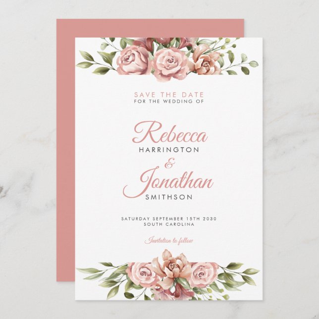 Invitación Boda floral rosa Rubor Salve La Fecha (Anverso / Reverso)
