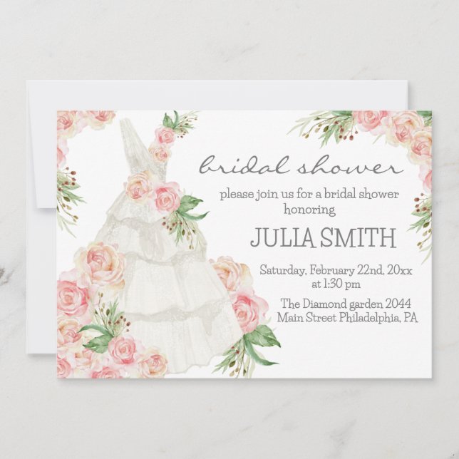 Invitación Boda floral rosa Rubor Vestido ducha de novia (Anverso)