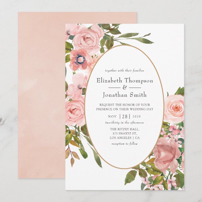 Invitación Boda floral rosa rubor y dorado rosa (Anverso / Reverso)