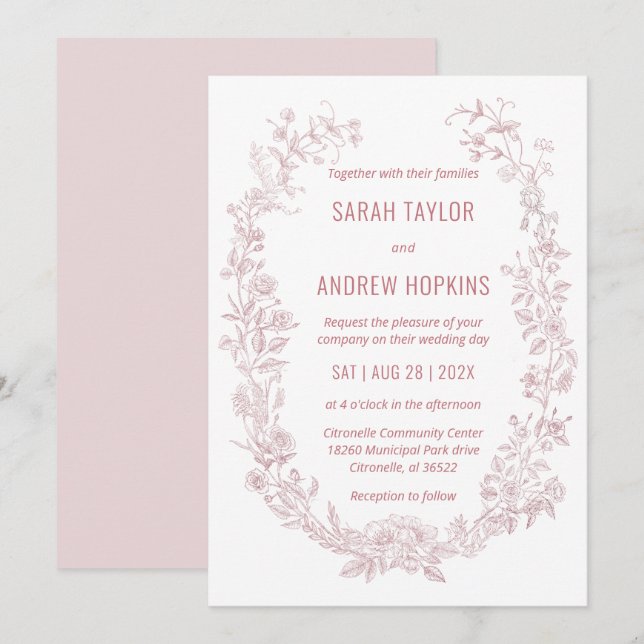 Invitación Boda Floral Rosa Rústica Boheme (Anverso / Reverso)