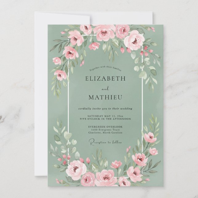 Invitación Boda floral rosa salvia (Anverso)