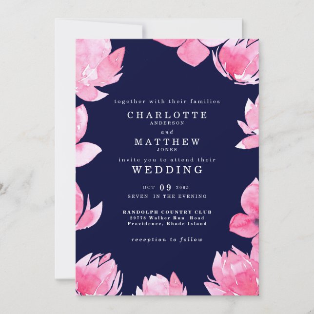 Invitación Boda floral rosa sobre azul marino (Anverso)