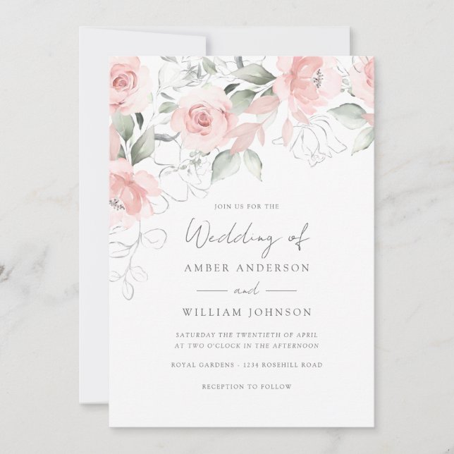 Invitación Boda Floral Rosa Suave  (Anverso)