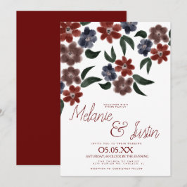 Invitación Boda floral rosa suave burdeos acuarela azul