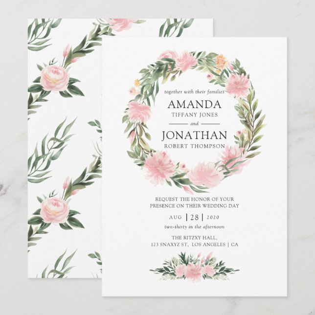 Invitación Boda floral rosa tropical (Anverso / Reverso)