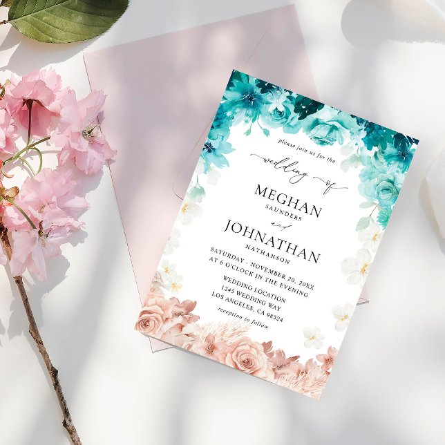Invitación Boda floral rosa turquesa y Rubor (Subido por el creador)
