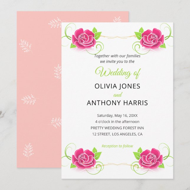 Invitación Boda floral rosa verde dorado  (Anverso / Reverso)