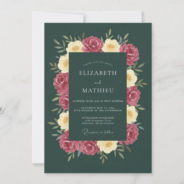Invitación Boda Floral Rosa Verde Profundo (Anverso)