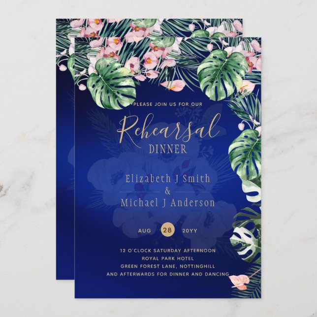 Invitación Boda floral rosa verde tropical LeahG (Anverso / Reverso)