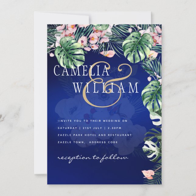 Invitación Boda floral rosa verde tropical LeahG (Anverso)