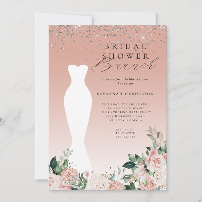 Invitación Boda floral rosa Vestido de novia Brunch (Anverso)