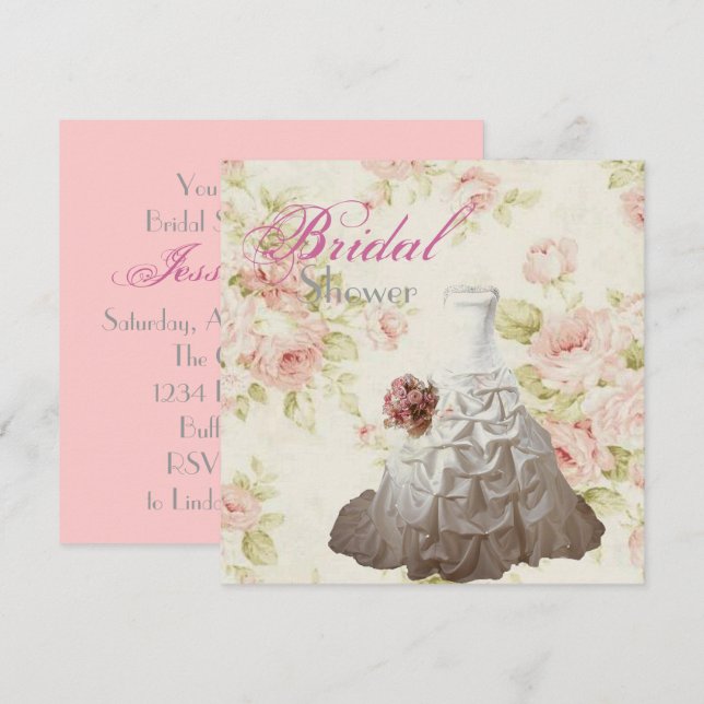 Invitación Boda floral rosa vestido de traje de novia ducha F (Anverso / Reverso)