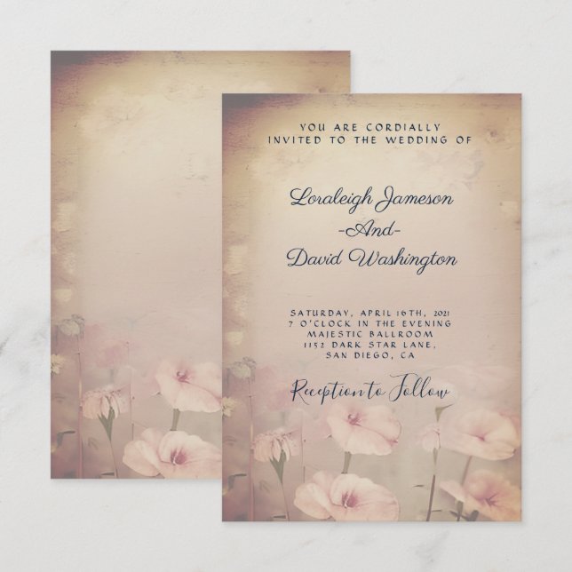 Invitación Boda floral rosa vintage (Anverso / Reverso)
