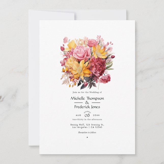 Invitación Boda floral rosa y amarilla (Anverso)