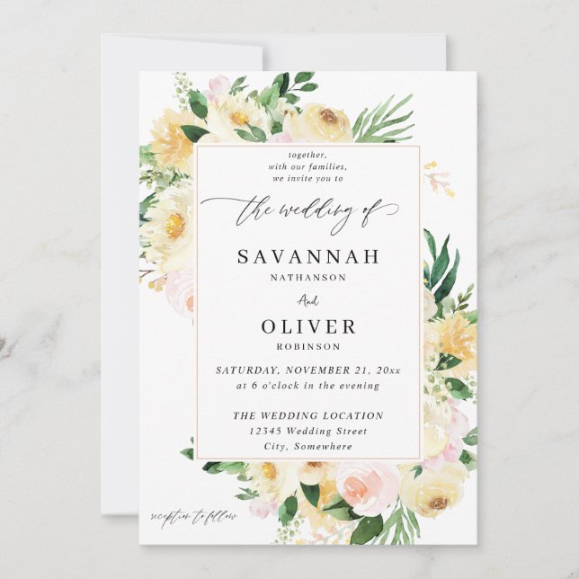 Invitación Boda floral rosa y amarillo 2 (Anverso)