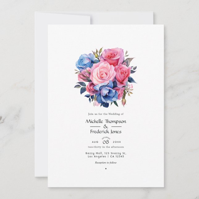 Invitación Boda floral rosa y azul (Anverso)
