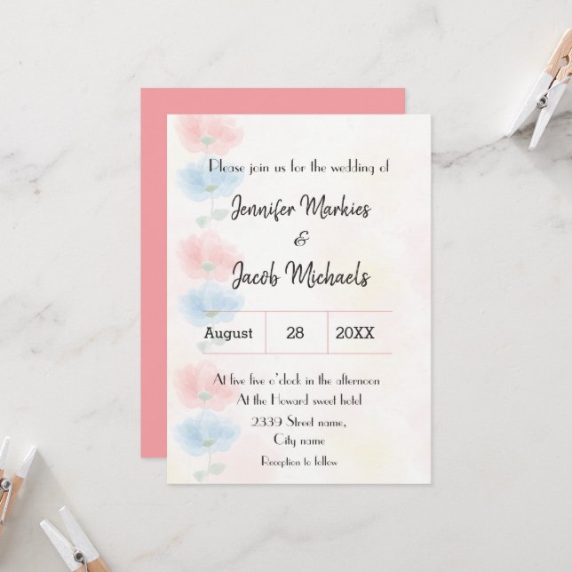 Invitación Boda floral rosa y azul (Anverso/Reverso In Situ)