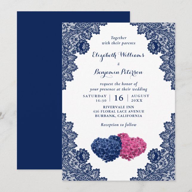 Invitación Boda floral rosa y azul de la armada de encaje rús (Anverso / Reverso)