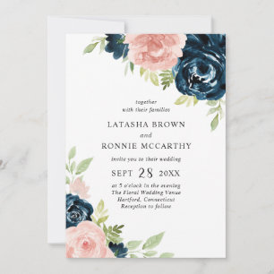 Invitación Boda floral rosa y azul marino en un solo elemento