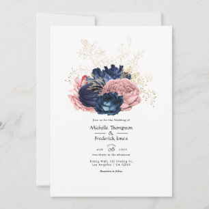 Invitación Boda floral rosa y azul marino y dorado