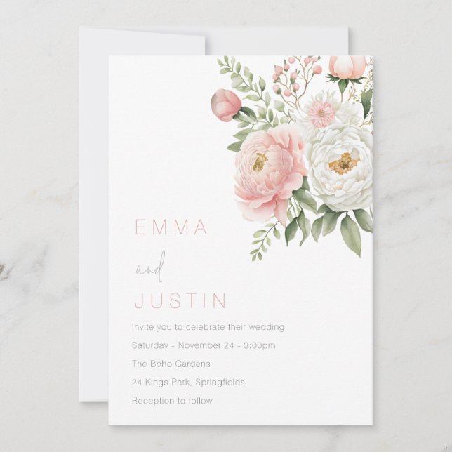 Invitación Boda floral rosa y blanca de Rubor (Anverso)