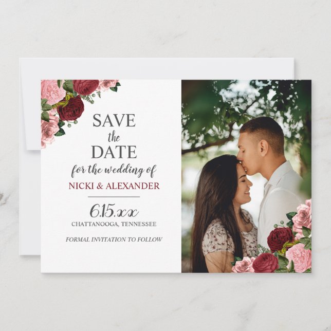 Invitación Boda floral rosa y borgoña Guardar la fecha (Anverso)