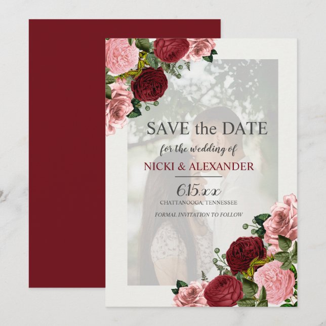 Invitación Boda floral rosa y borgoña Guardar la fecha (Anverso / Reverso)