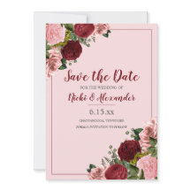 Boda floral rosa y borgoña Save Date