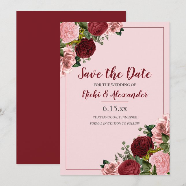 Invitación Boda floral rosa y borgoña Save Date (Anverso / Reverso)