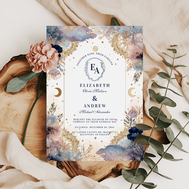 Invitación Boda floral Rosa y cielo lunar (Subido por el creador)