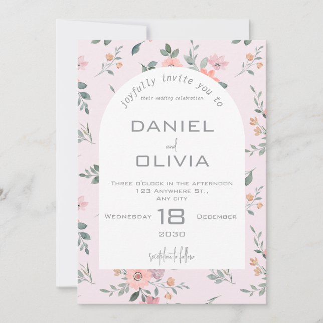 Invitación Boda floral rosa y crema (Anverso)