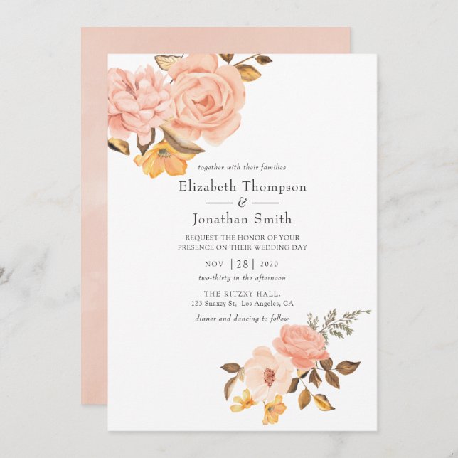 Invitación Boda floral rosa y dorada (Anverso / Reverso)