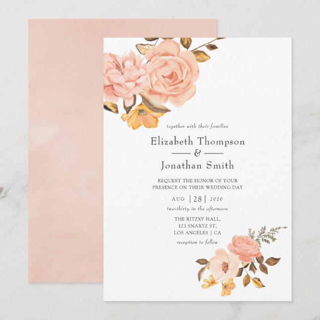 Invitación Boda floral rosa y dorada de Rubor (Anverso / Reverso)