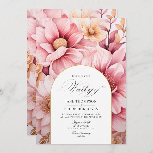 Invitación Boda floral rosa y dorada de Rubor (Anverso / Reverso)