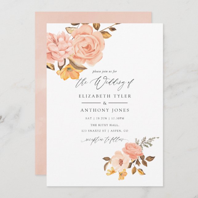 Invitación Boda floral rosa y dorada de Rubor (Anverso / Reverso)