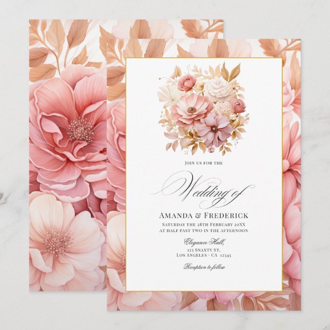 Invitación Boda floral rosa y dorada de Rubor (Anverso / Reverso)
