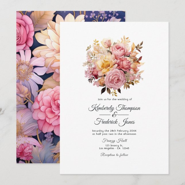Invitación Boda floral rosa y dorado (Anverso / Reverso)
