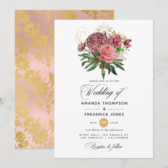 Invitación Boda floral rosa y dorado (Anverso / Reverso)