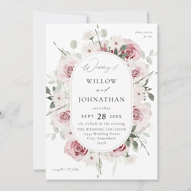 Invitación Boda floral Rosa y Eucalylptus de Rubor (Anverso)