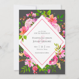 Invitación Boda floral rosa y gris moderna salva la fecha