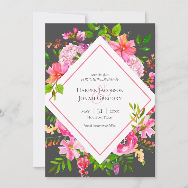 Invitación Boda floral rosa y gris moderna salva la fecha (Anverso)