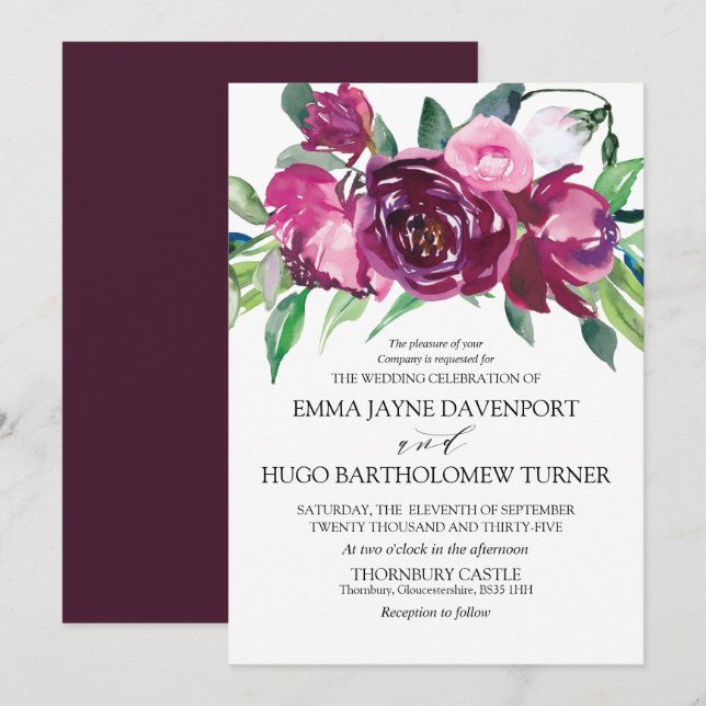 Invitación Boda floral rosa y magenta (Anverso / Reverso)