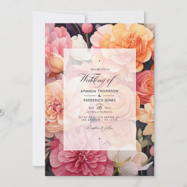 Invitación Boda floral rosa y melocotón (Anverso)