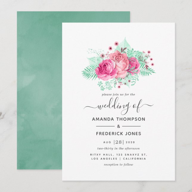 Invitación Boda floral rosa y mint (Anverso / Reverso)