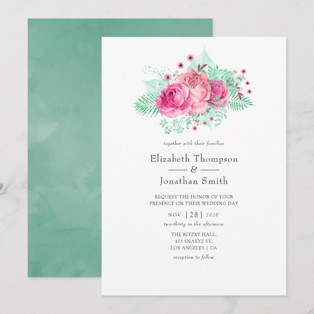 Invitación Boda floral rosa y mint (Anverso / Reverso)